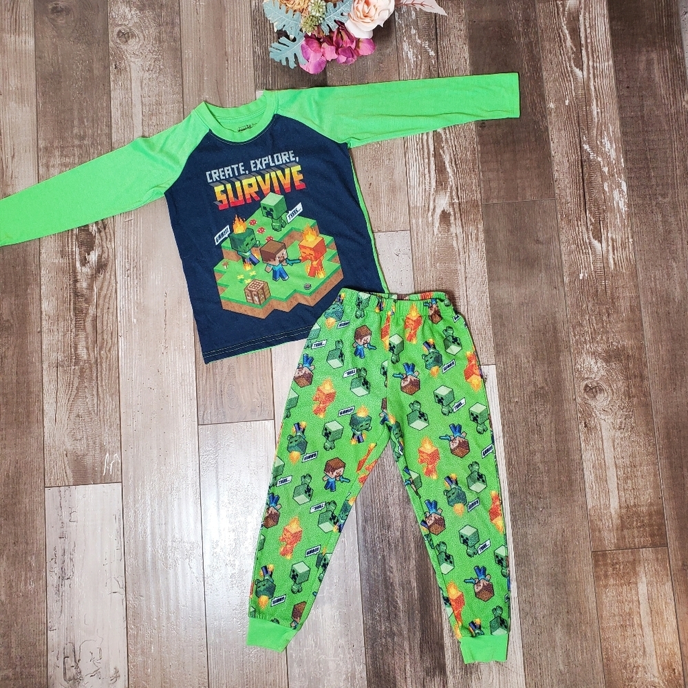 Minecraft Boys Size 4/5 Green 2pc Fleece Matching Pajama Pj Set EUC
